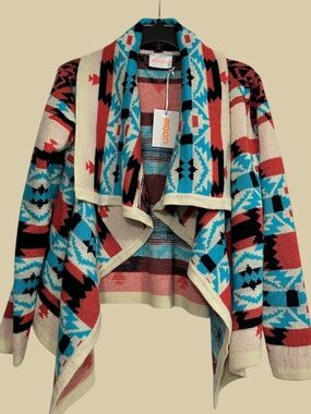Moon Women’s Aztec Tribal Sweater Cardigan Open Cascade Size S